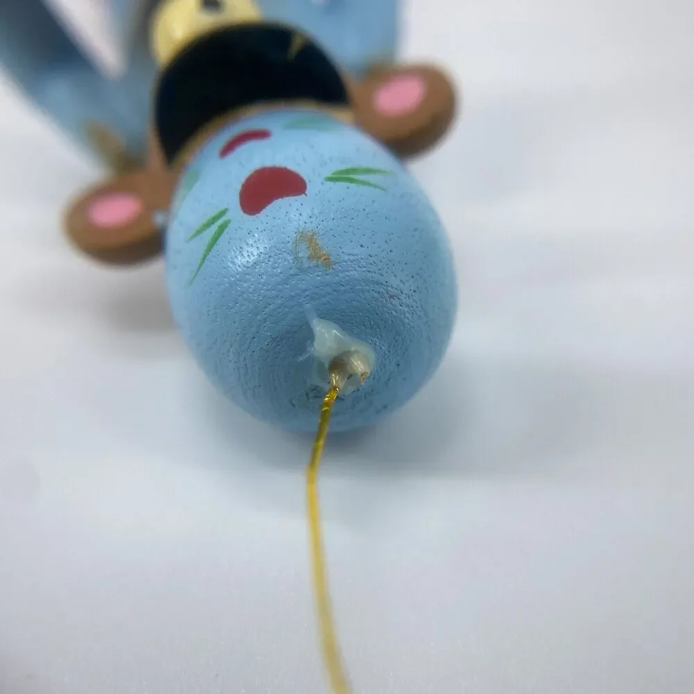 Brown Bear Wood Ornament Holding Playing Red Guitar Blue Top & Hat 3 inches - Picture 7 of 9